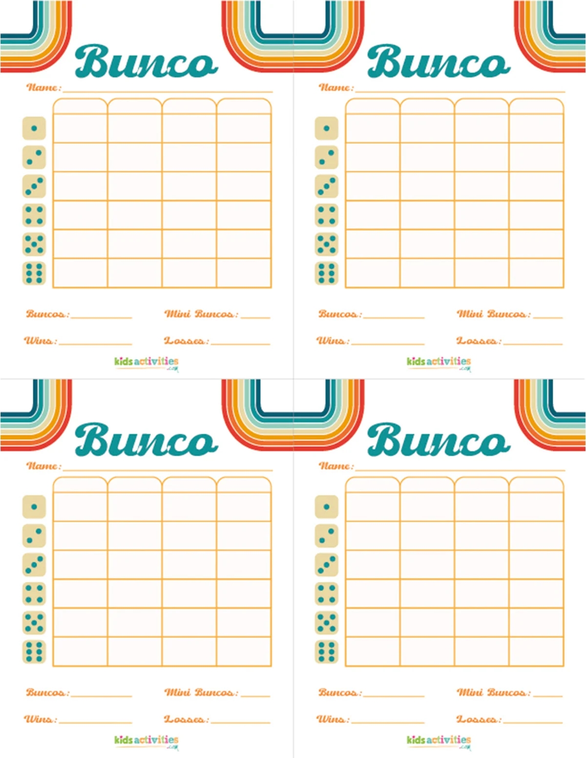 Printable Template Bunco Score Sheets