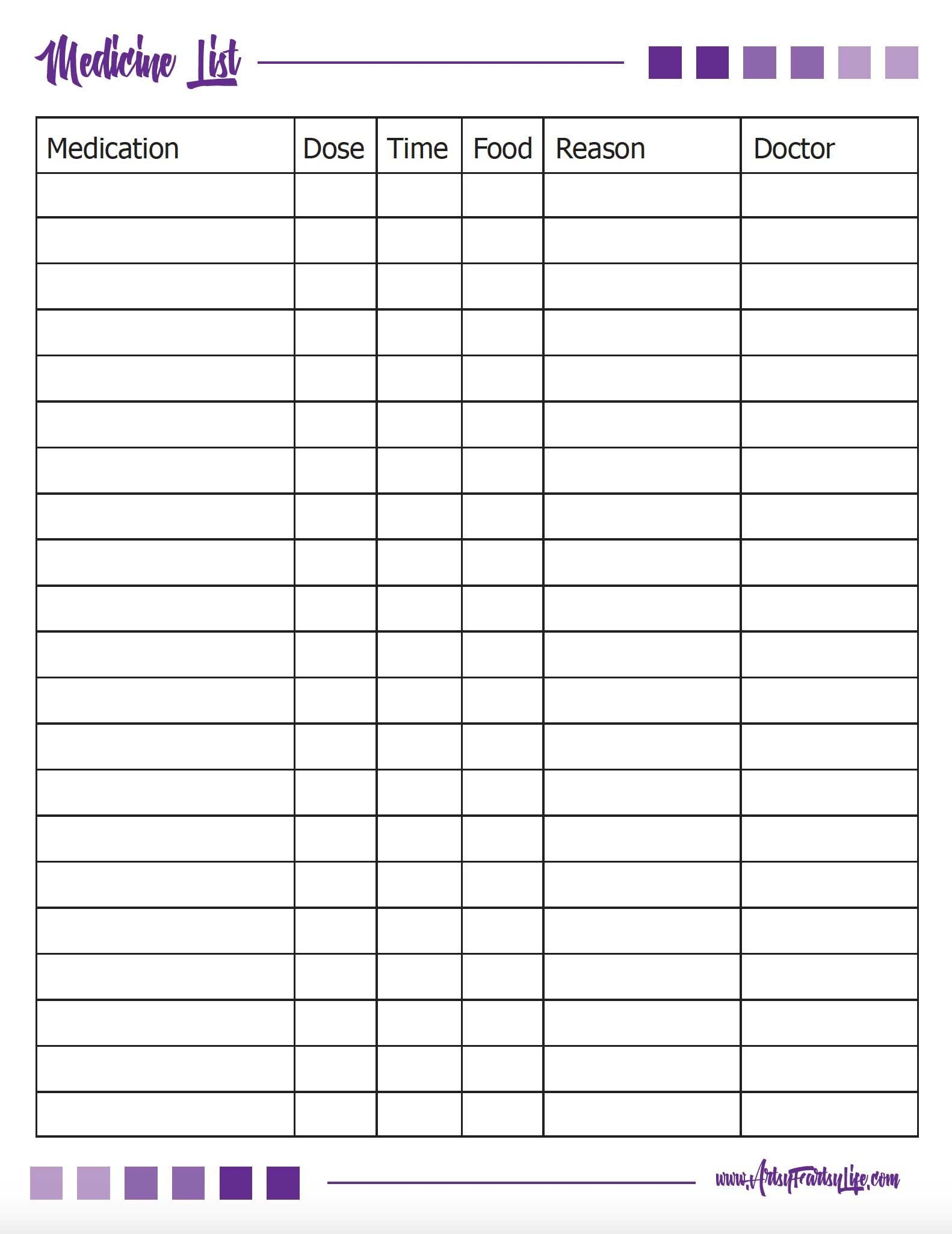 Printable Medication List Template