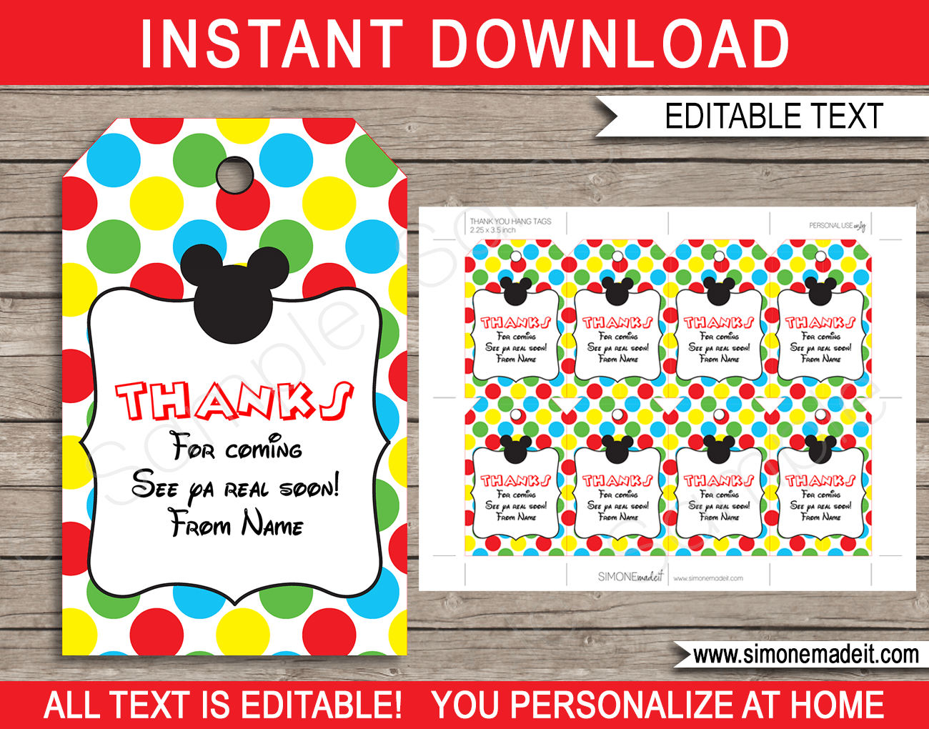 Mickey Mouse Party Favor Tags Template Birthday Thank You Tags