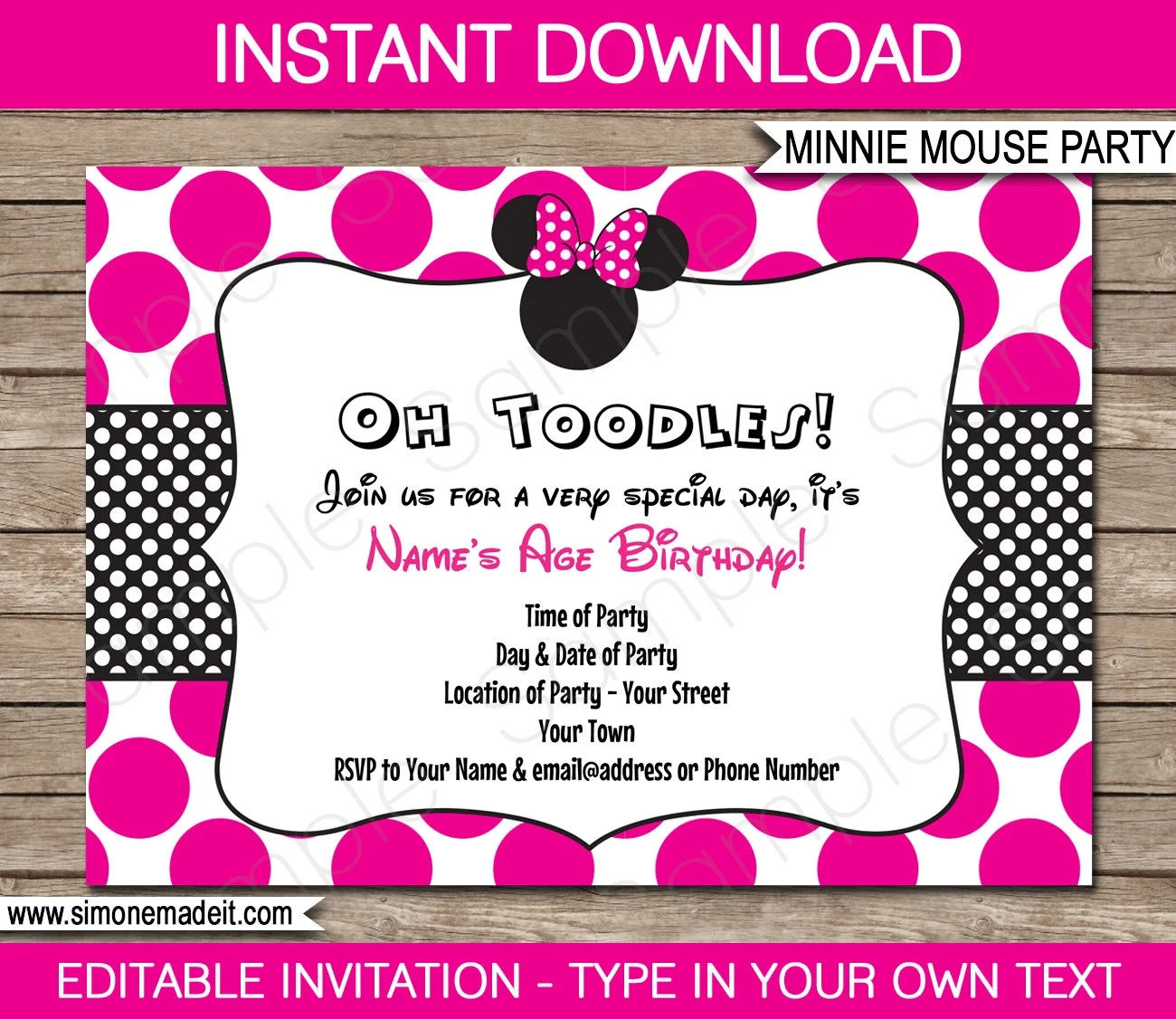 Minnie Mouse Invitation Template Printable Birthday Party Invite Pink Theme EDITABLE TEXT DOWNLOAD You Personalize Oh Toodles Etsy