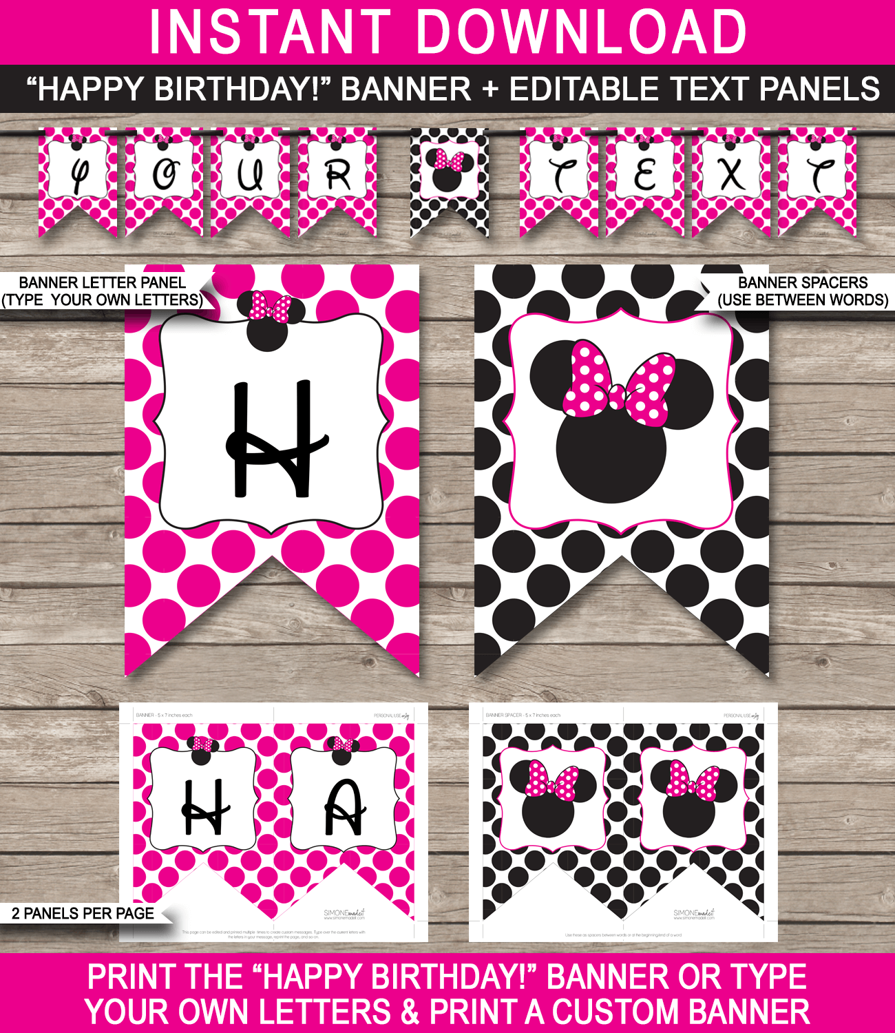 Minnie Mouse Party Banner Template Birthday Banner Editable Bunting