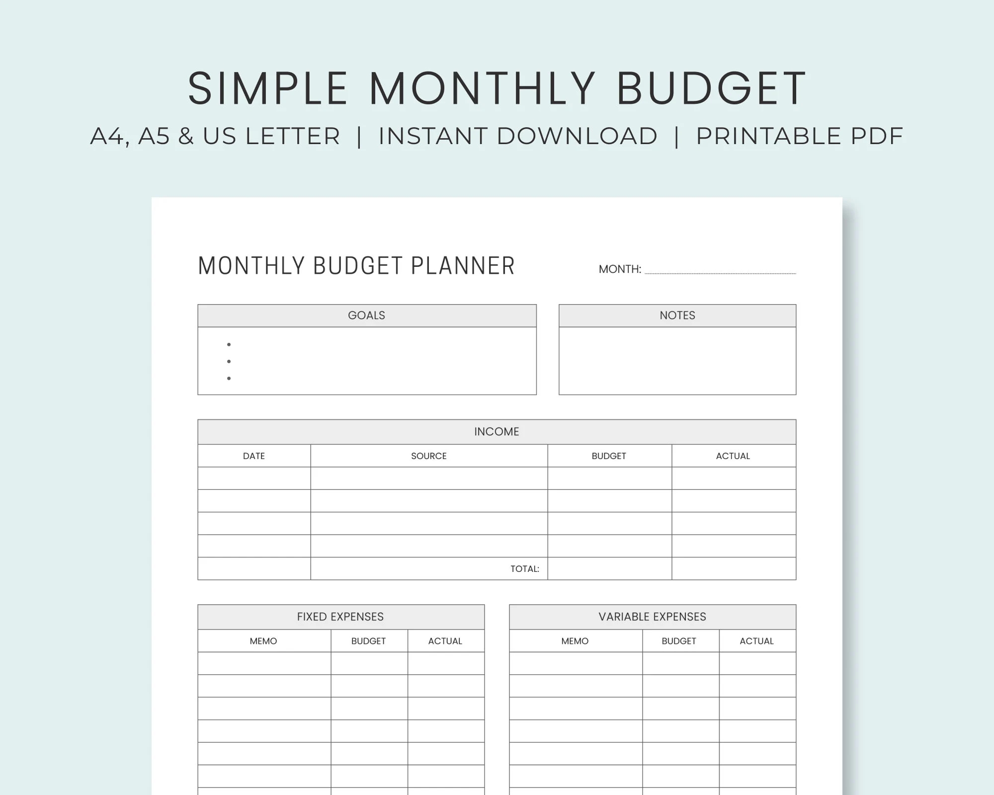 Monthly Budget Planner Printable Simple Budget Worksheet Personal Budget Template Instant Download Etsy