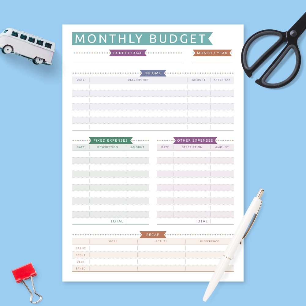 Monthly Budgeting Plan Colored Design Template Printable PDF