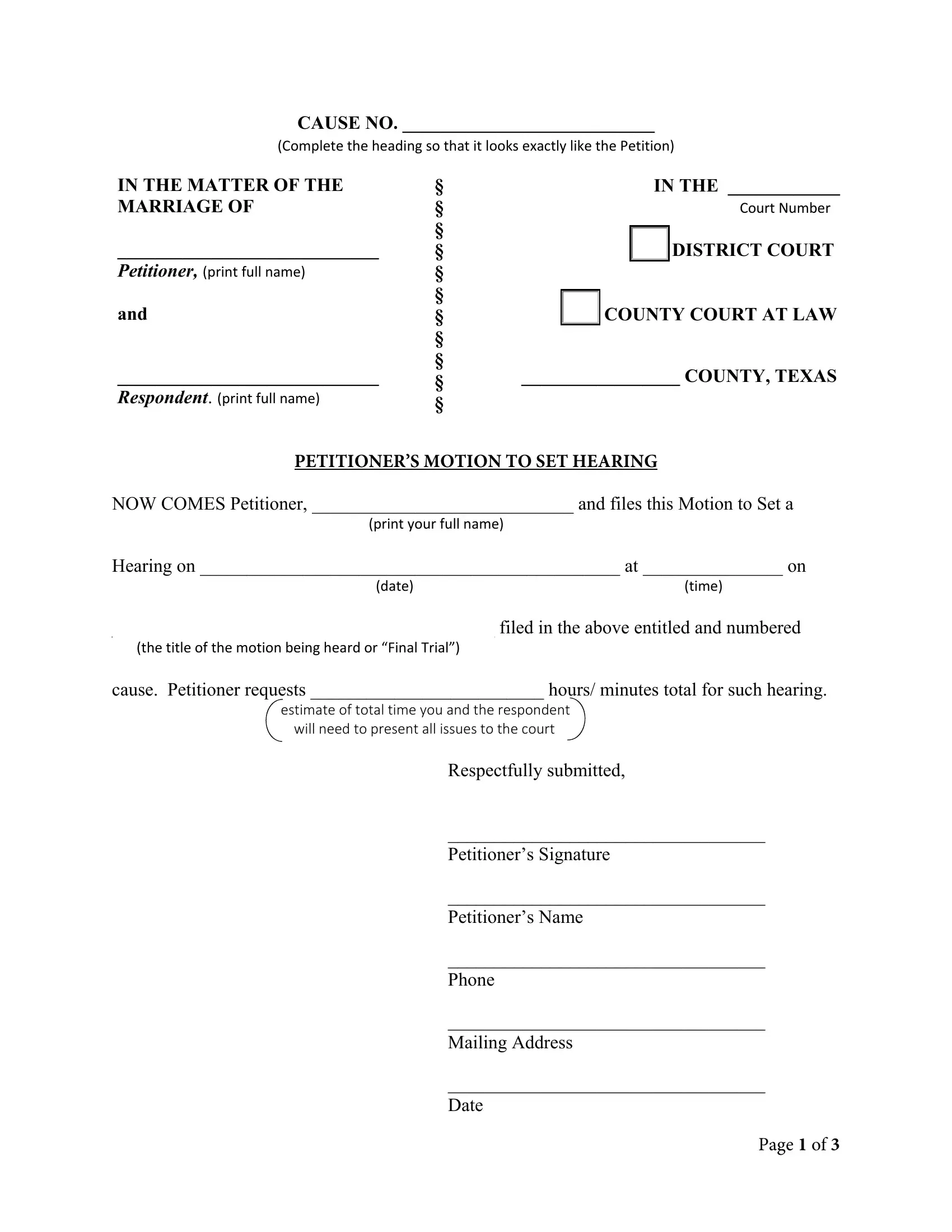 Motion Set Hearing Form Fill Out Printable PDF Forms Online