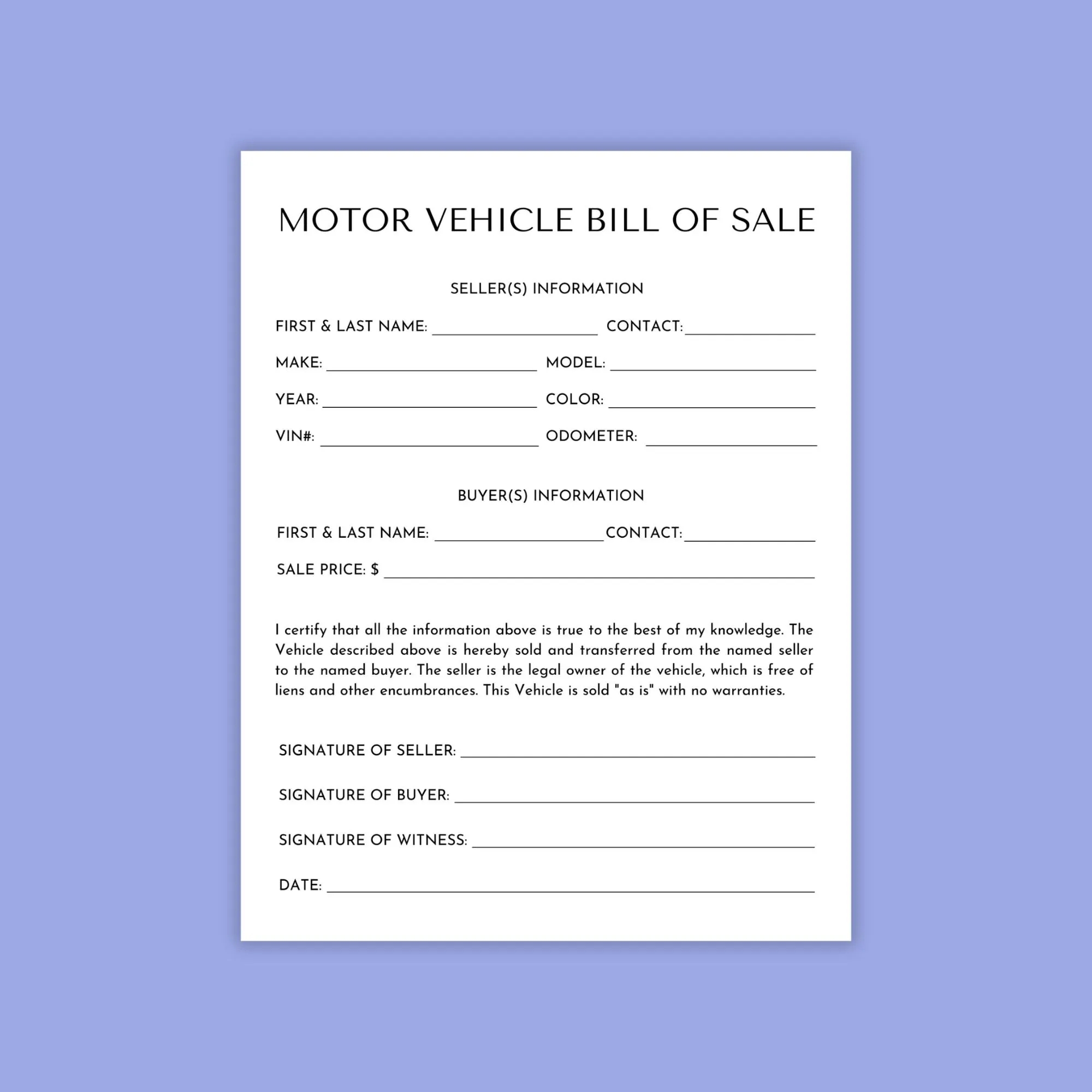 Motor Vehicle Bill Of Sale Blank Auto Bill Of Sale Motor Vehicle Bill Of Sale Template Motor Vehicle Bill Of Sale Printable Form Etsy