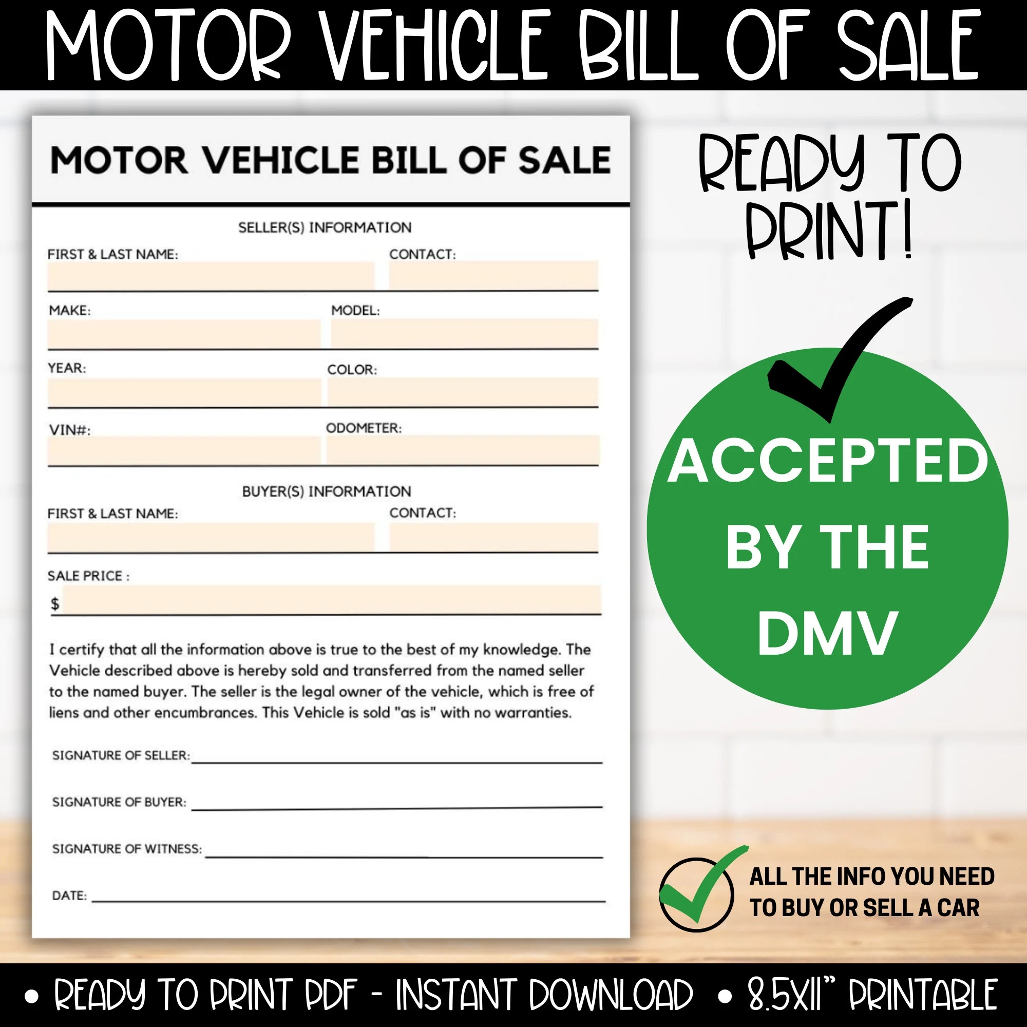Free Printable Bill Of Sale Template For Car