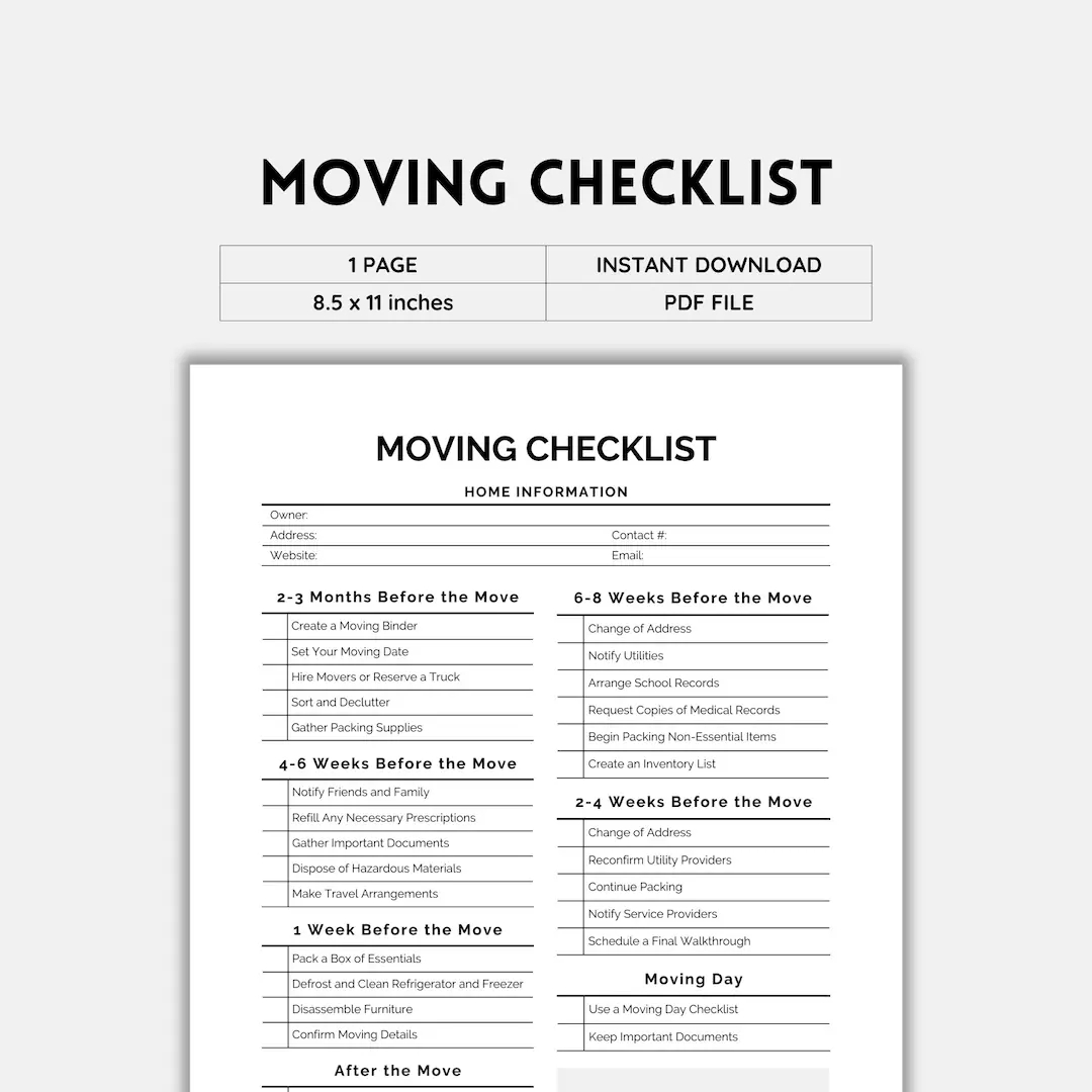 Moving Checklist Moving Planner Moving Printable Moving List Realtor Moving Guide Moving Day Moving To Do List To Do Template PDF Etsy