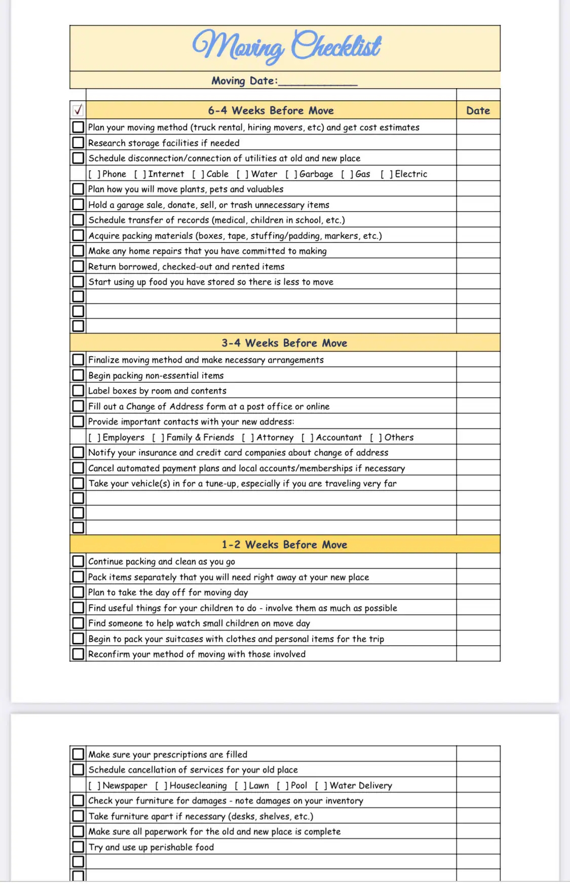 Printable House Moving Checklist Template