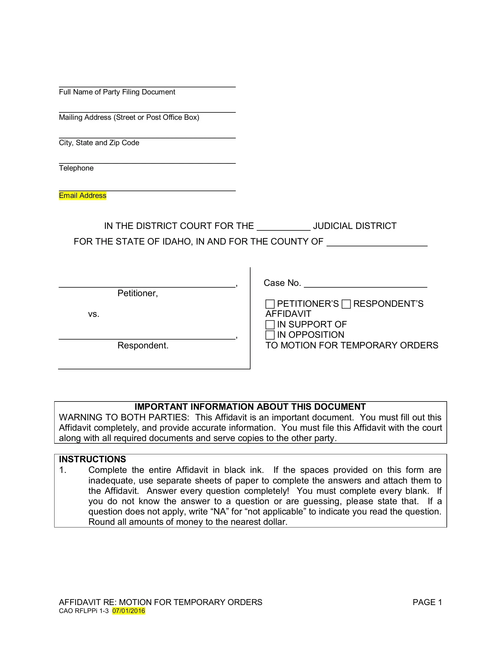 Blank Printable Court Motion Template