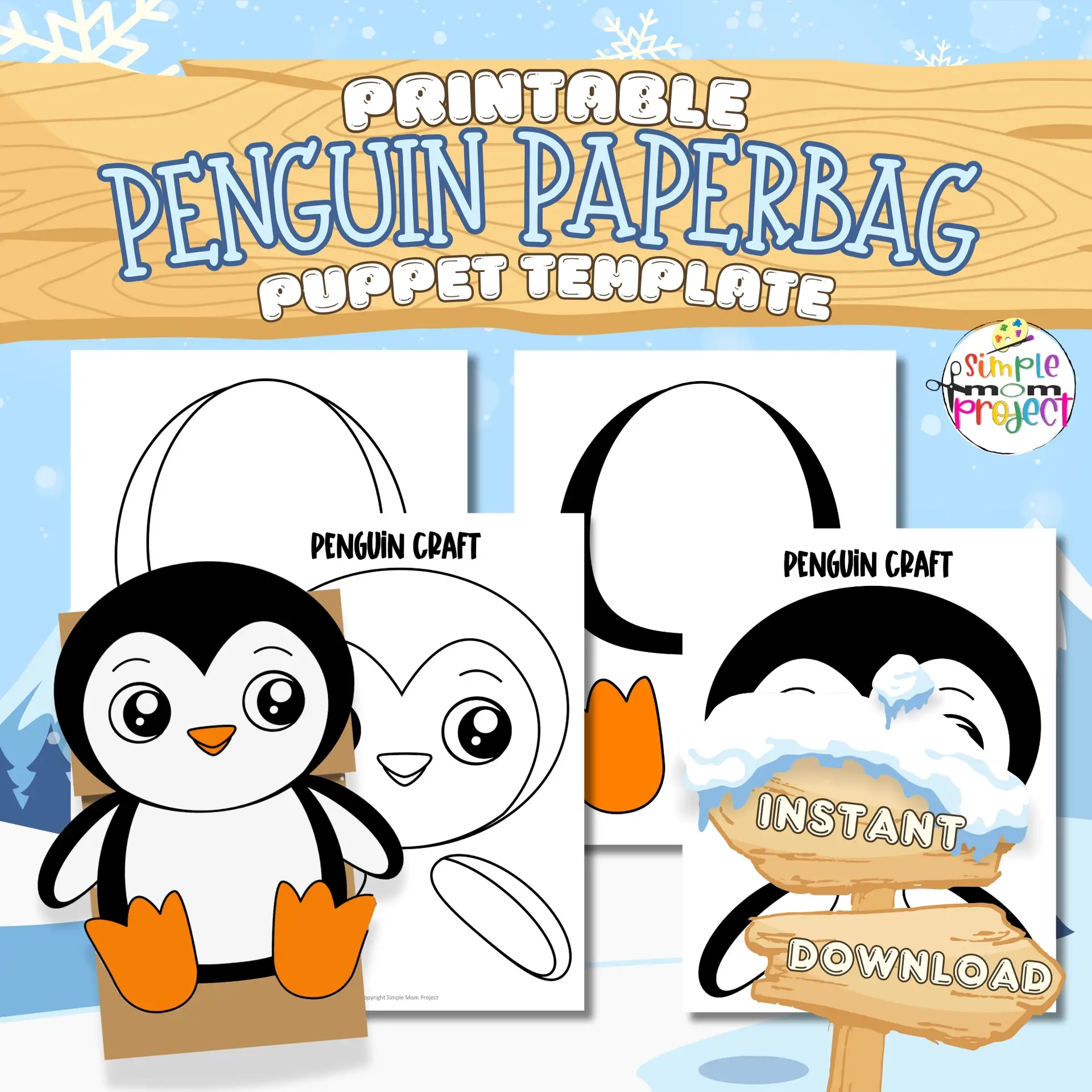 Penguin Paper Bag Puppet Craft Printable Template Simple Mom Project Store