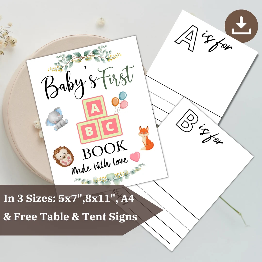 Printable Baby Shower ABC Book Template Alphabet Cards DIY Baby Shower Activity ABC Coloring Pages Greenery Baby Guest Book Etsy