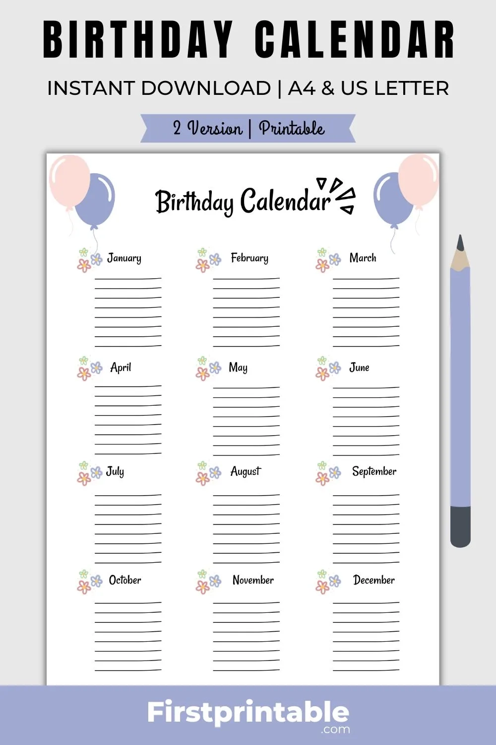 Printable Birthday Calendar Birthday Recorder Template