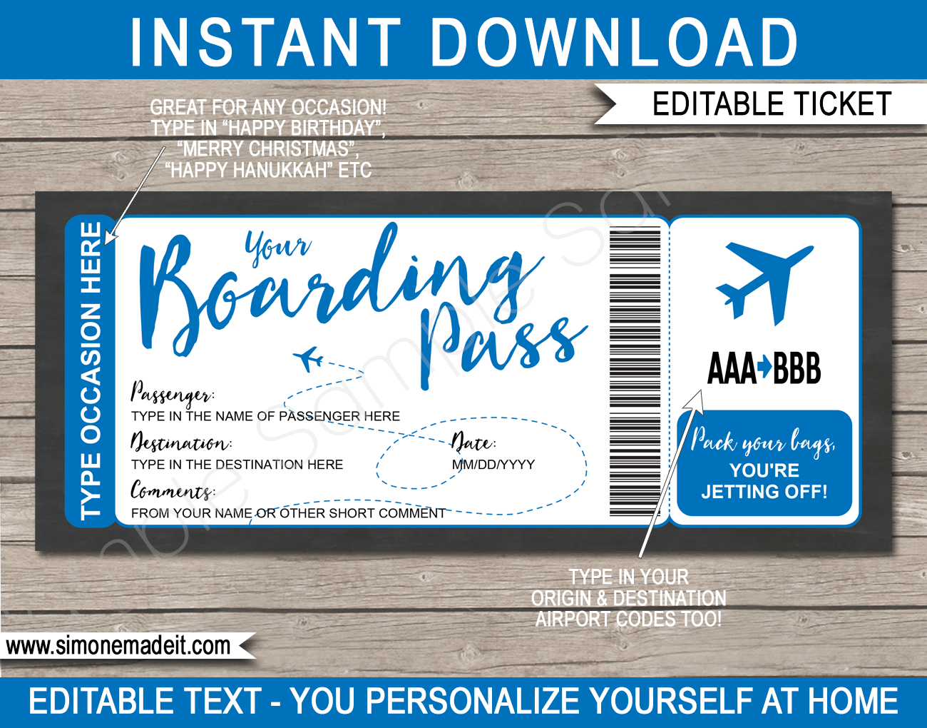 Printable Boarding Pass Template Surprise Trip Reveal Fake Plane Ticket
