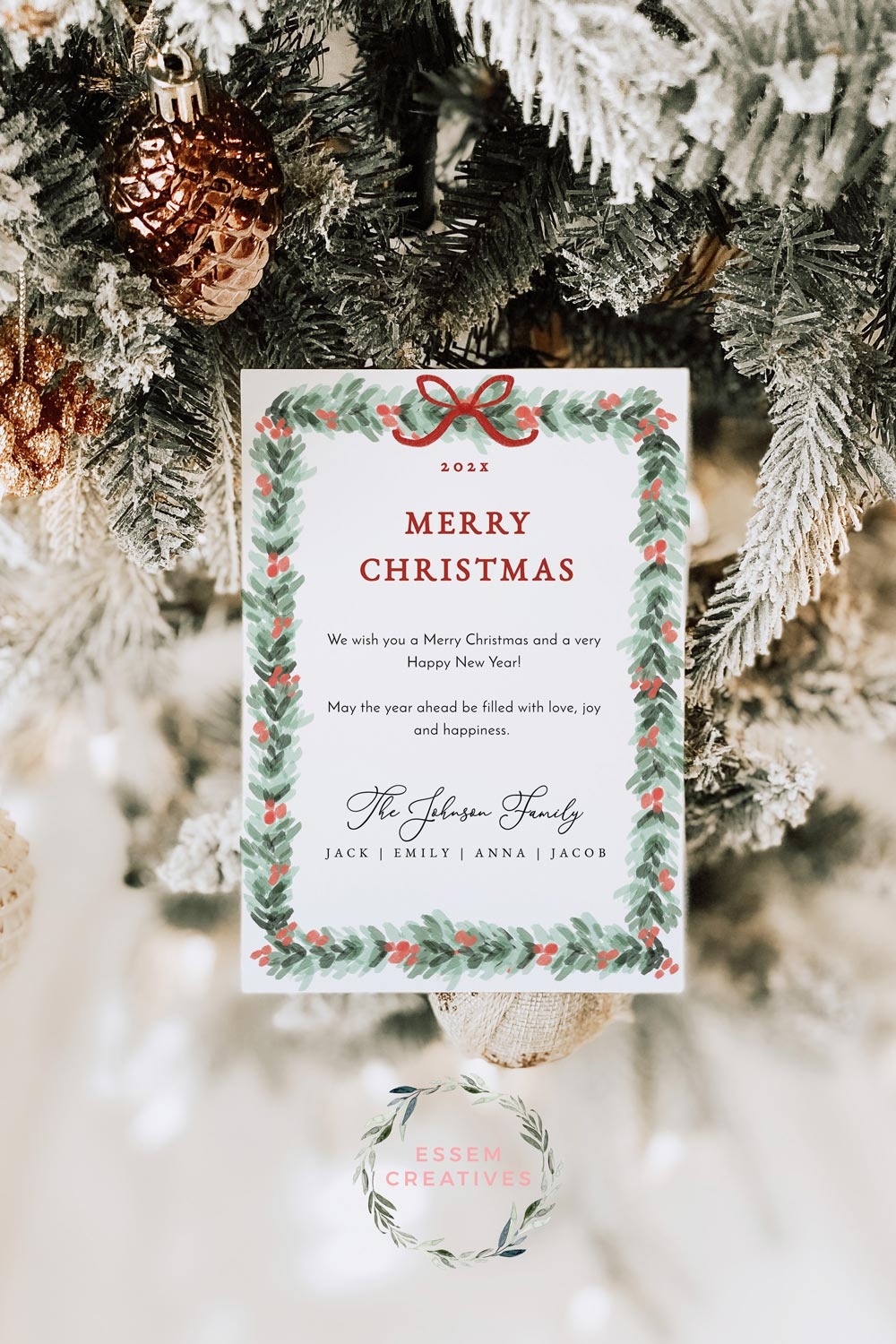 Printable Christmas Card Template Vertical Shop Holiday Card Template Dainty Greenery Border Watercolor Christmas Card Holly Border Bow Corjl 512 Essem Creatives Watercolor Clipart Business Branding
