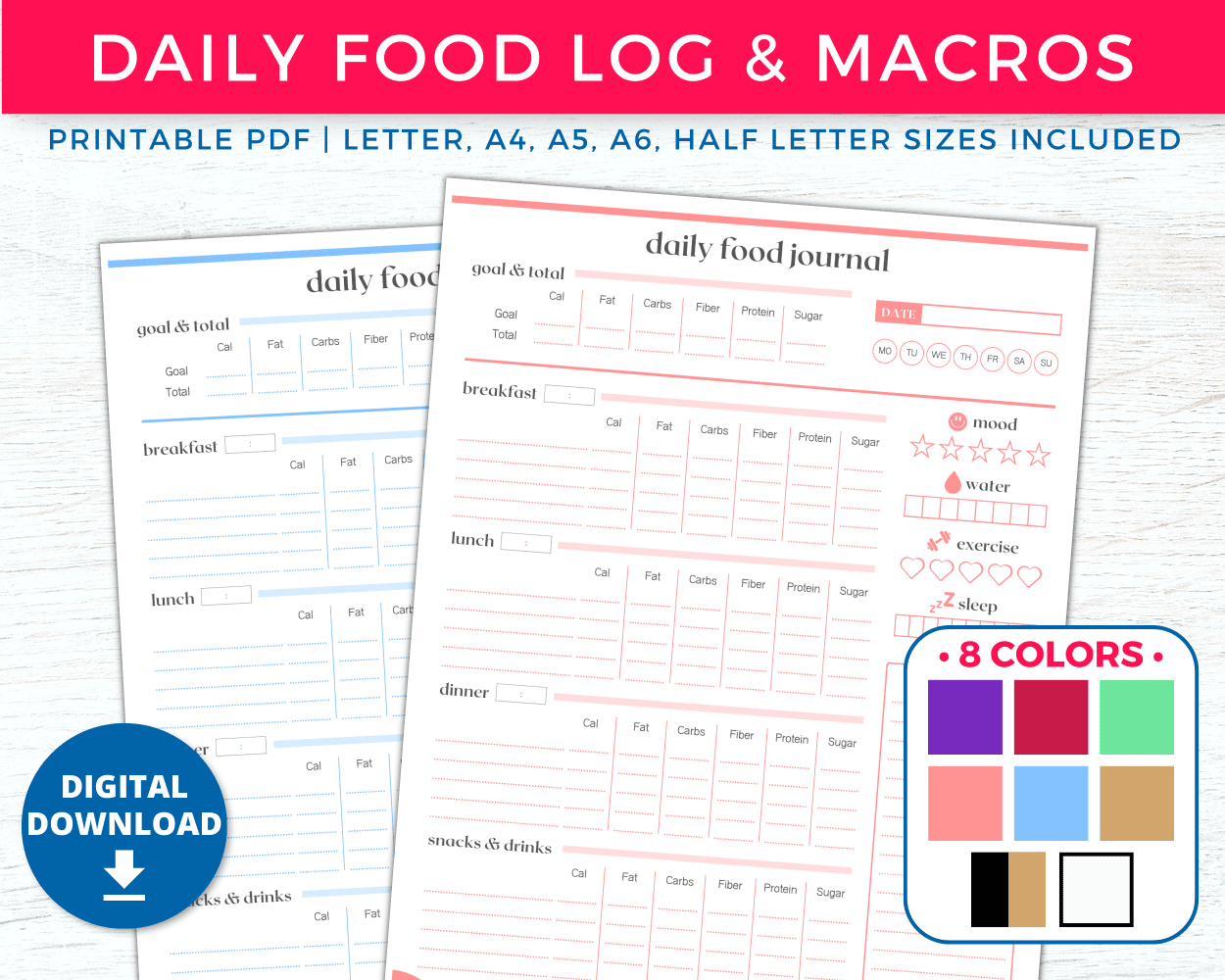 Printable Daily Food Diary Template Calorie Macro Tracker Log Journals With Dragons