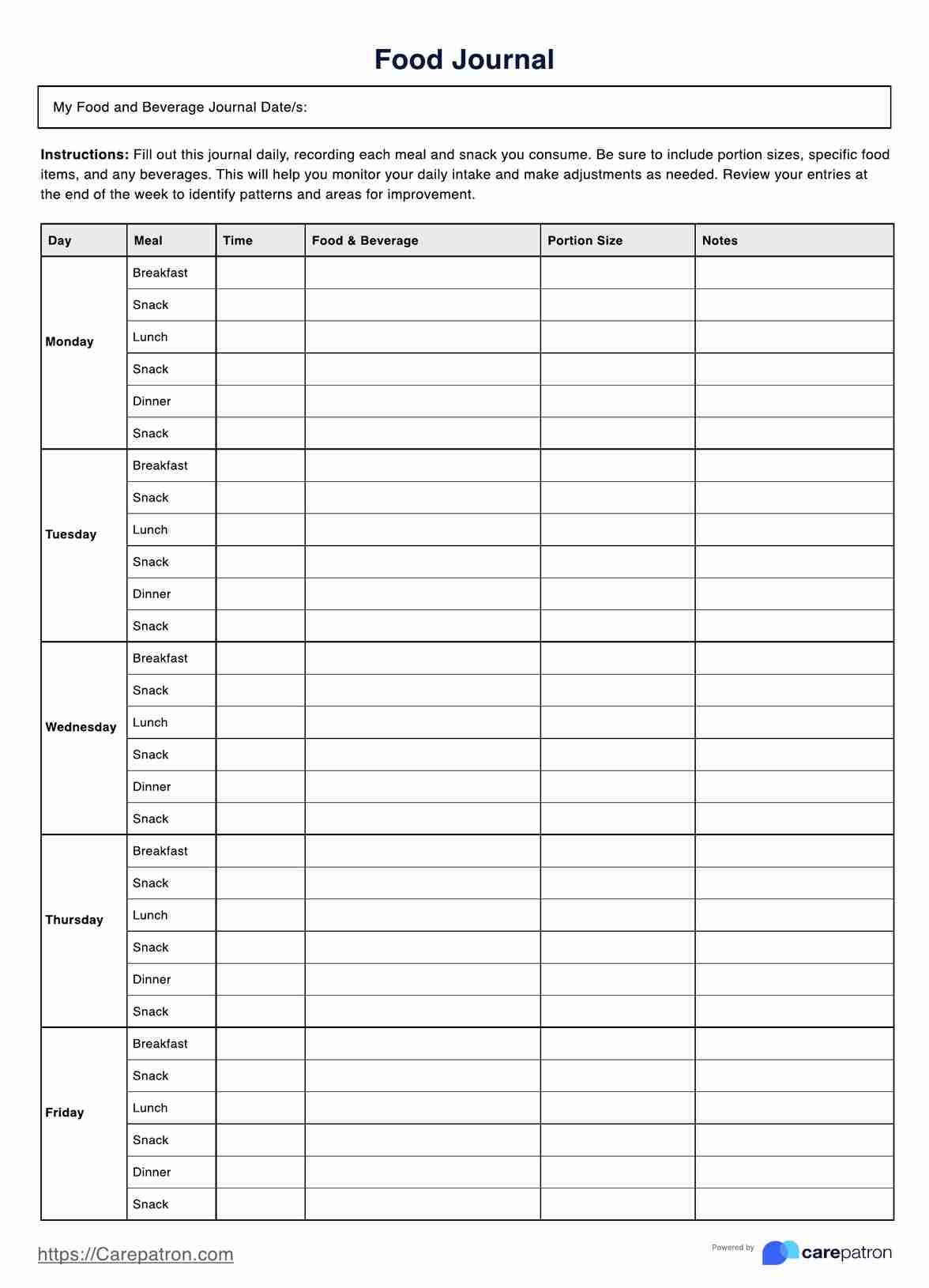 Printable Food Journal Example Free PDF Download