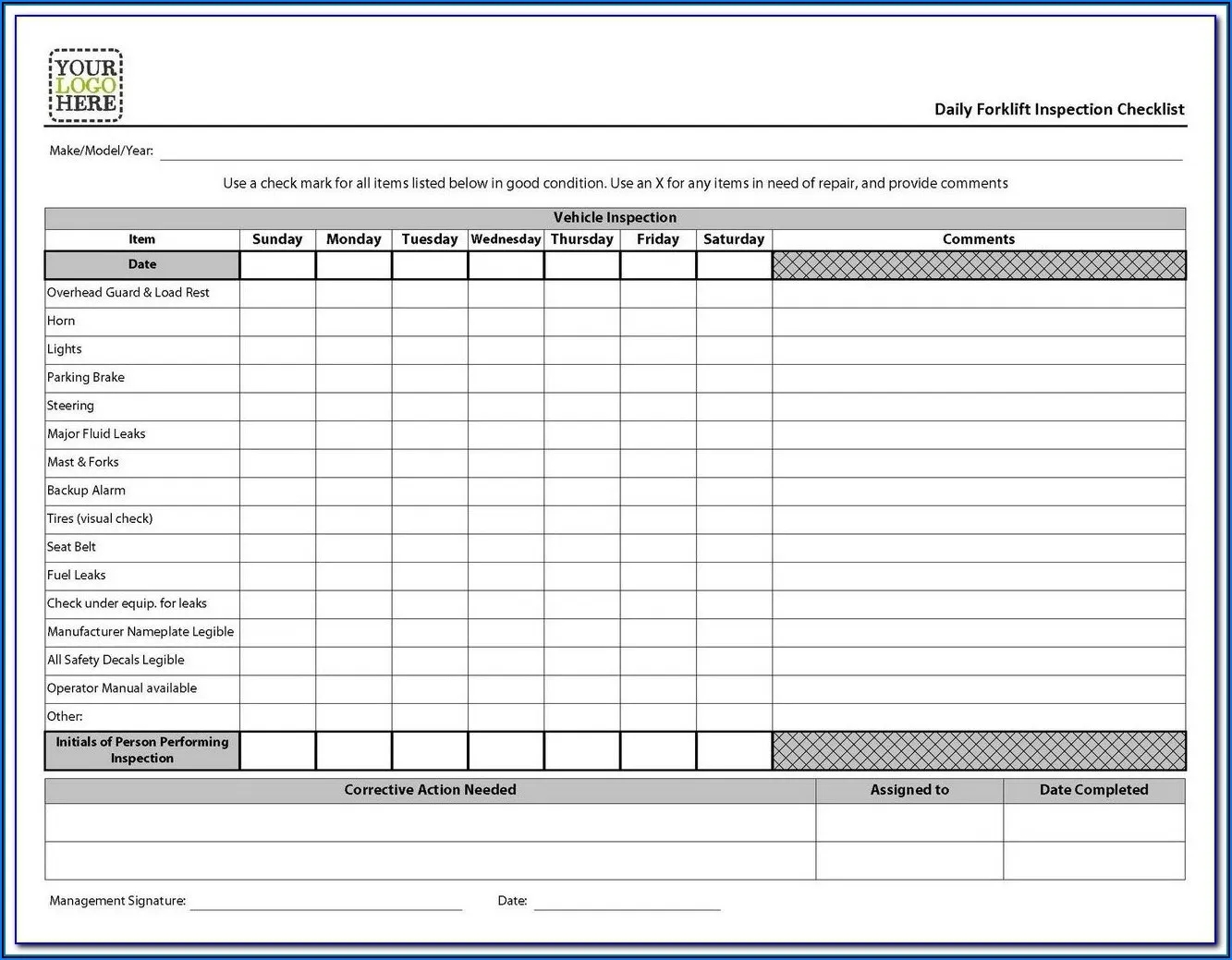 Printable Free Weekly Forklift Inspection Checklist Template