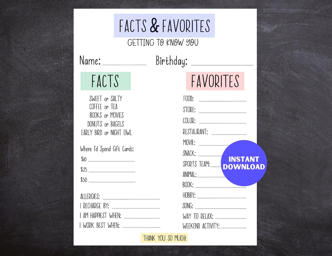 Printable Get To Know You Questionnaire All About Me Form For Employees And Teachers And Teams Favorites List Gift Exchange Form Etsy