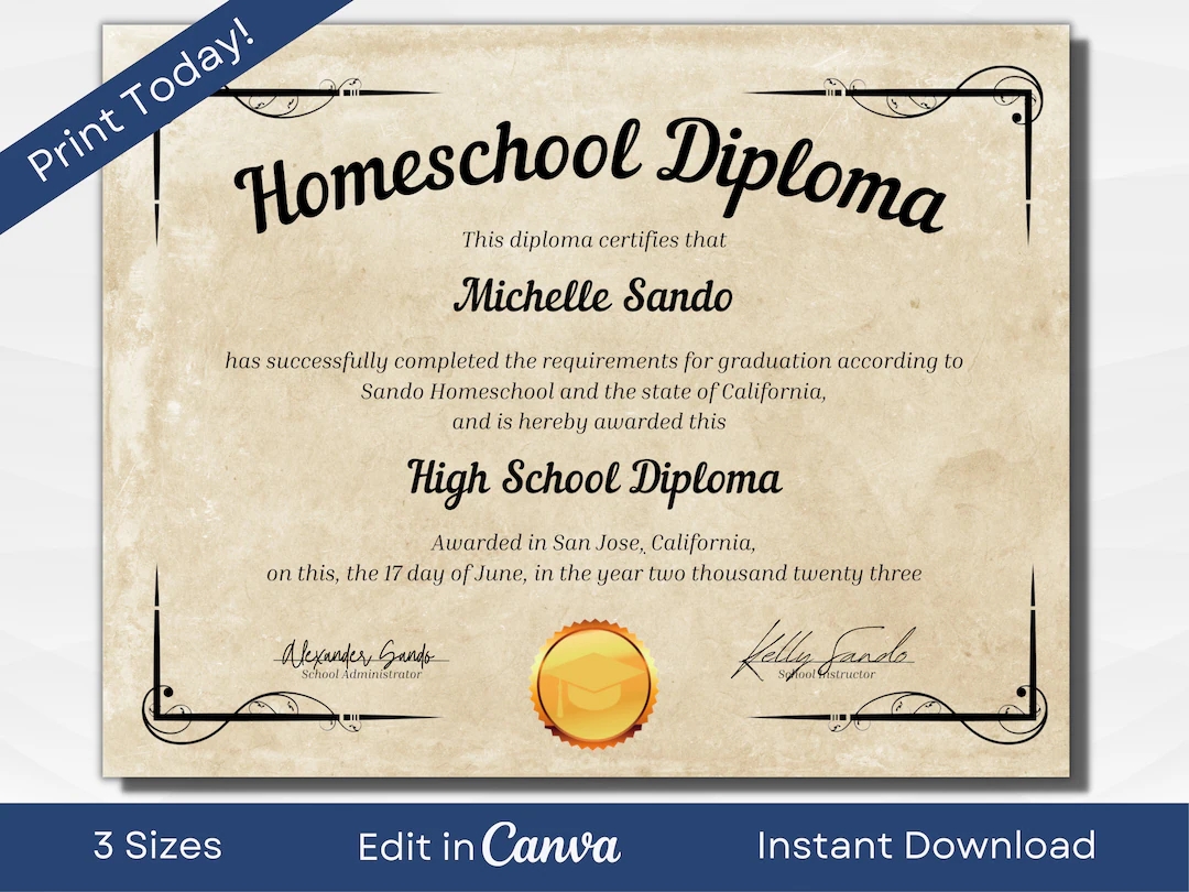 Printable Homeschool Diploma Template Editable High School Diploma Milestone Keepsakes A4 US Letter 11x14 Inches Instant Download Etsy
