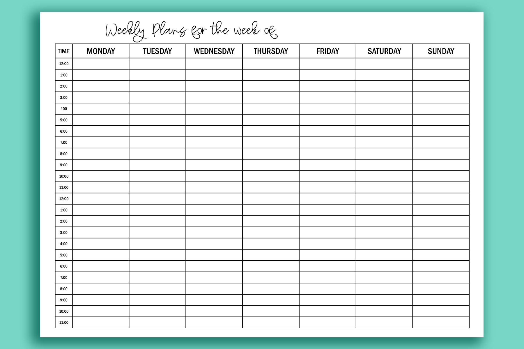 Printable Hourly Calendar Template