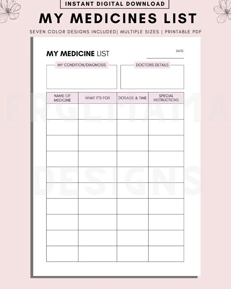 Printable Medication Tracker Medication Log Daily Medication Sheet Medication List Printable Instant Download Etsy