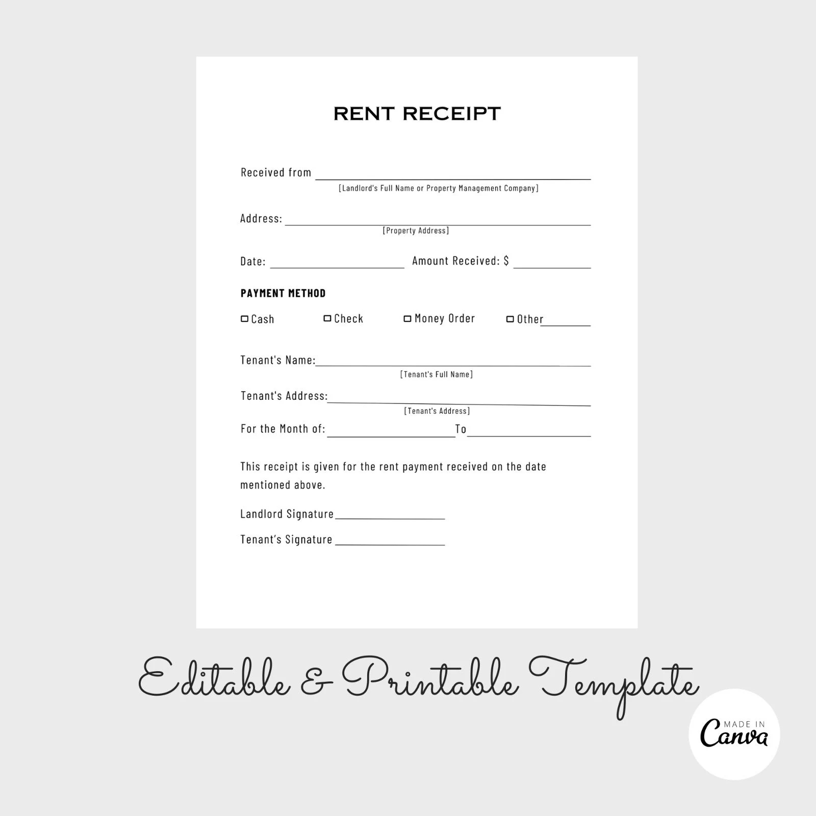 Printable Rent Receipt Sales Receipt Editable Receipt Template Landlord Rental Receipt Template Property Rent Receipt Etsy