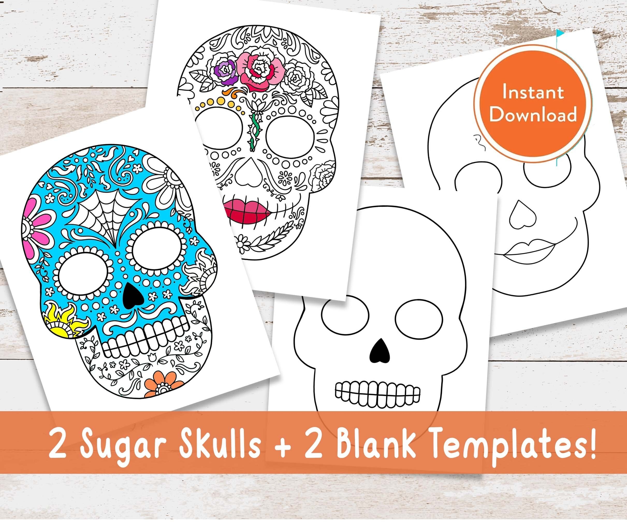 Printable Sugar Skulls Halloween Masks Bundle Digital Coloring Page INSTANT DOWNLOAD