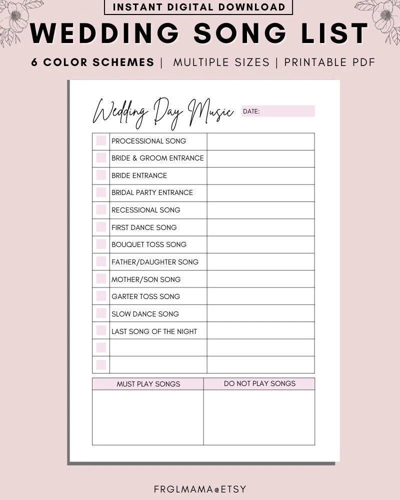 Printable Wedding Song List Wedding Playlist Wedding Music List DJ Song List Wedding DJ Questionnaire Wedding Processional Songs PDF Etsy
