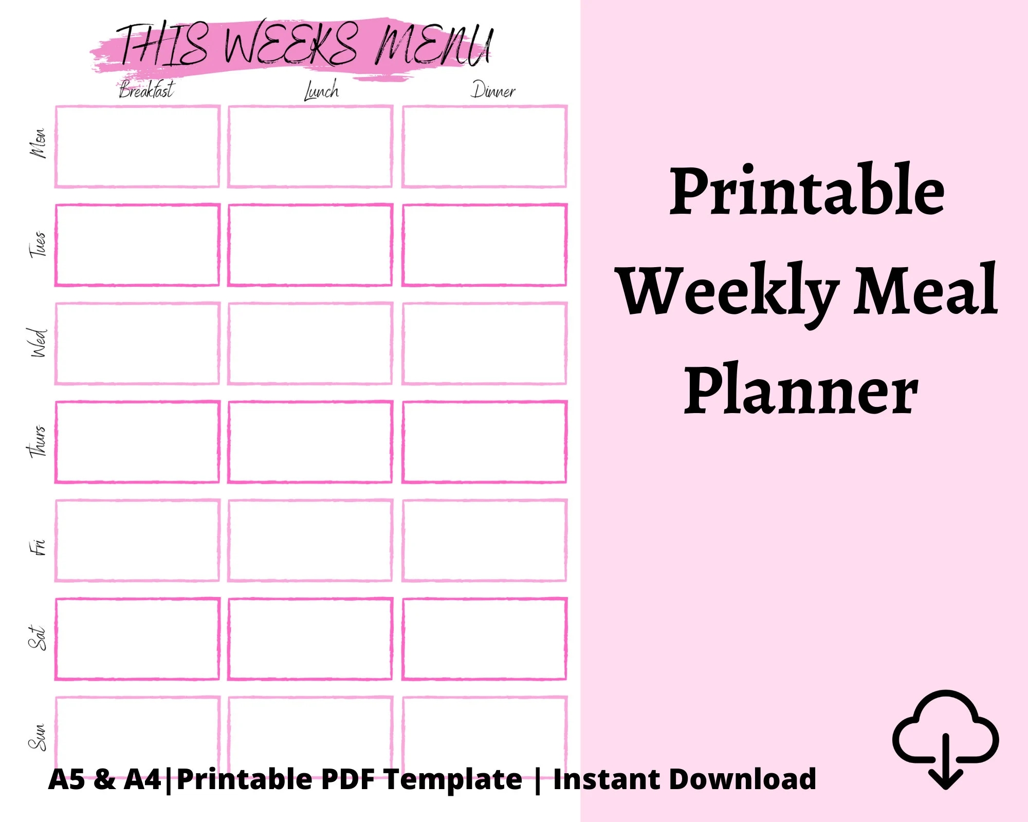 Printable Weekly Meal Planner Template Instant Download PDF Pink Weekly Menu Planner Dinner Planner A4 A5 Etsy