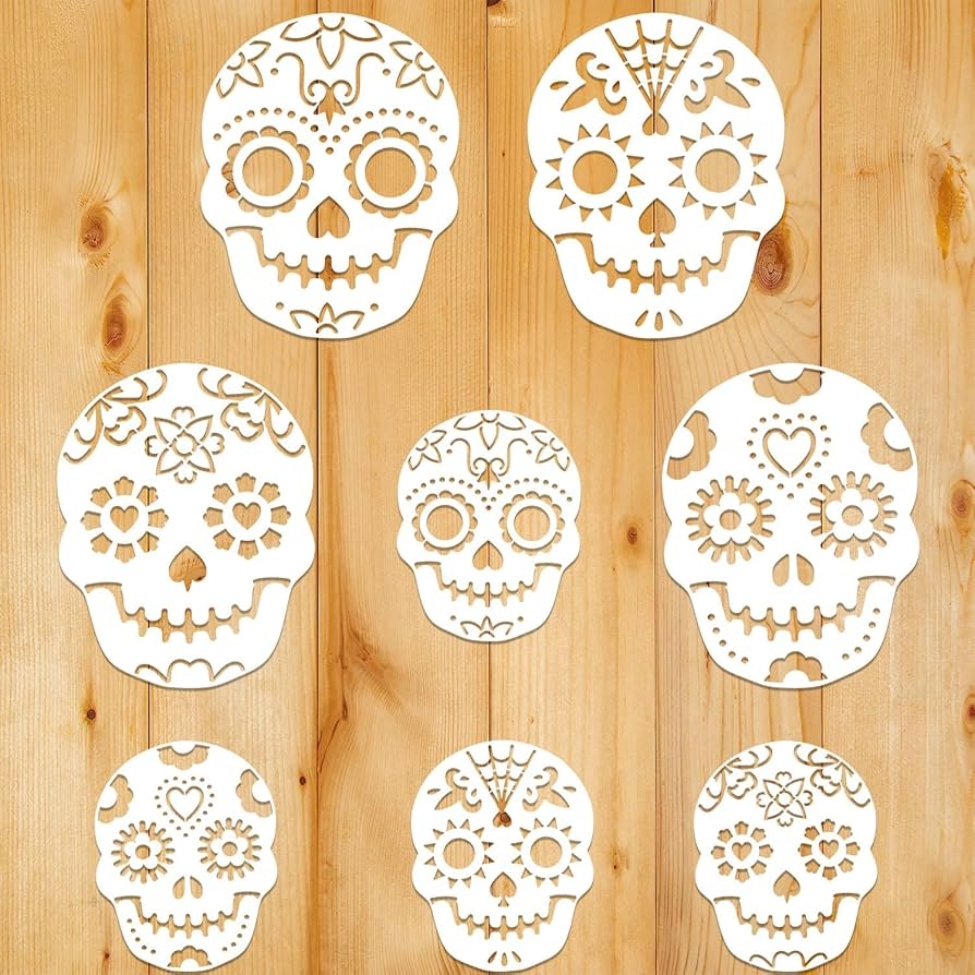 Qpout 8 Pieces Day Of The Dead Cake Stencils Templates Sugar Skull Cake Stencils D a De Los Muertos Mexican Party Halloween Reusable Cake Cookies Baking Painting Mould Tools Amazon de Home 