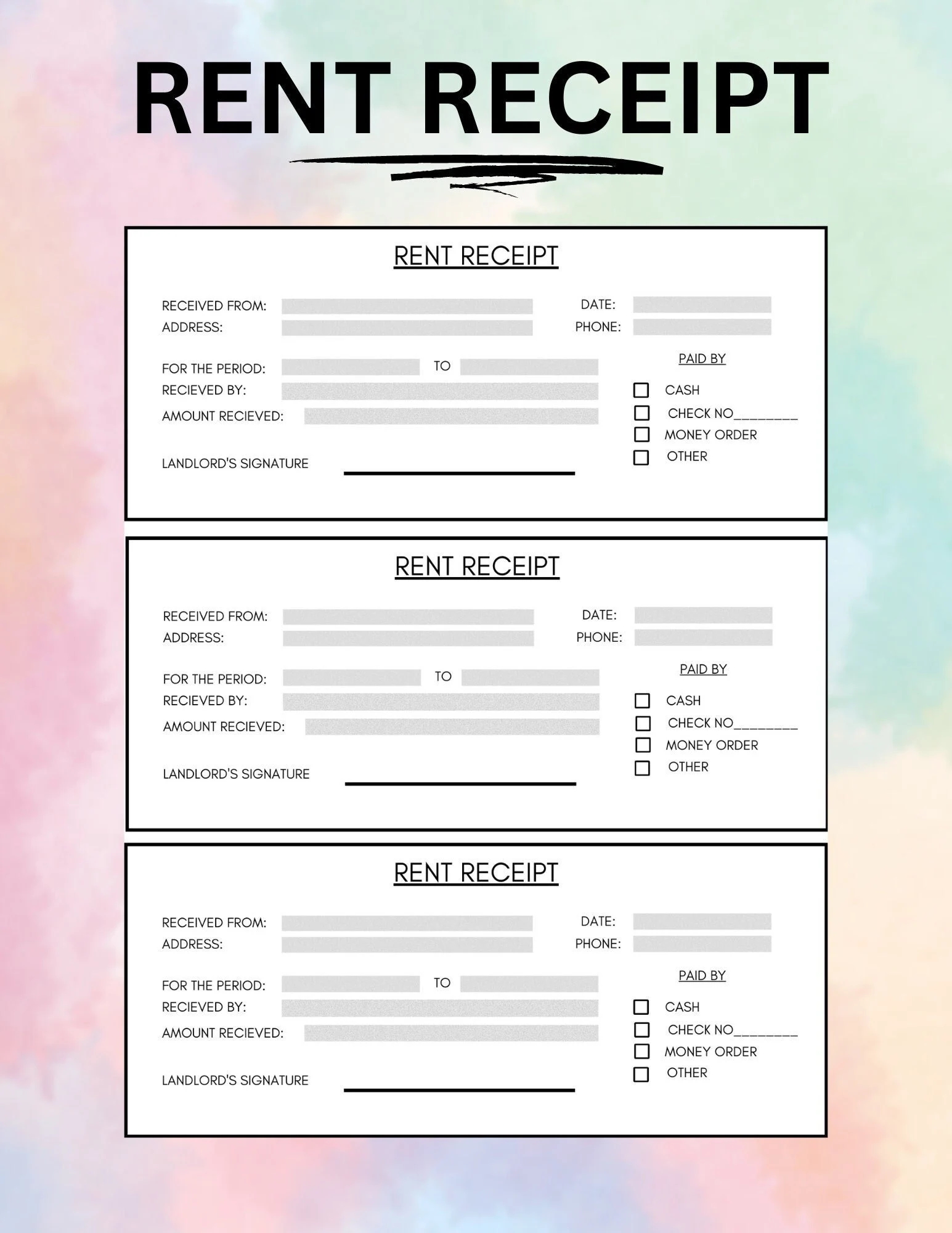 Rent Receipt Downloaded Rent Receipt Rent Receipt Template Customizable Rental Receipt Downloadable Rental Receipt Etsy