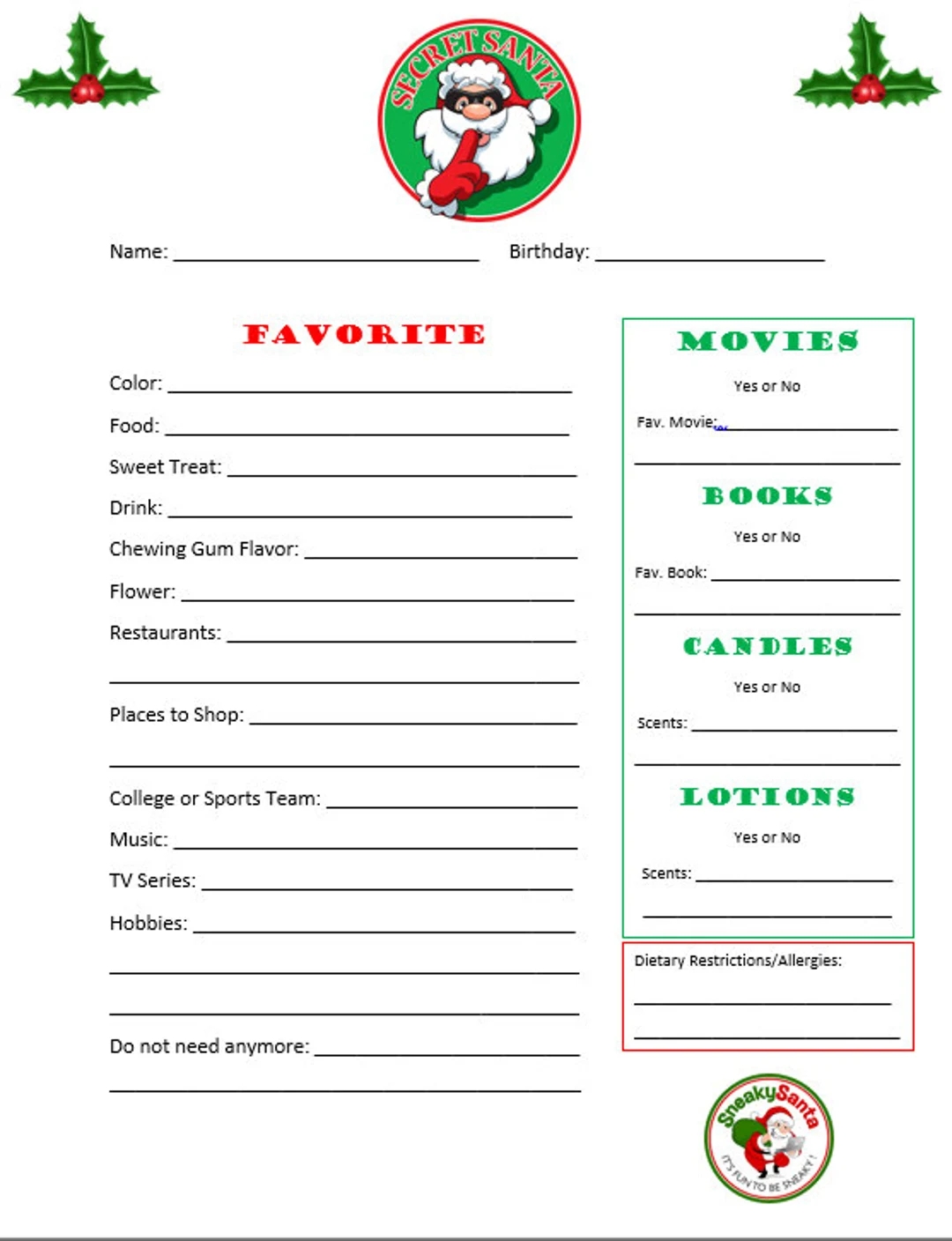 Printable Secret Santa Template