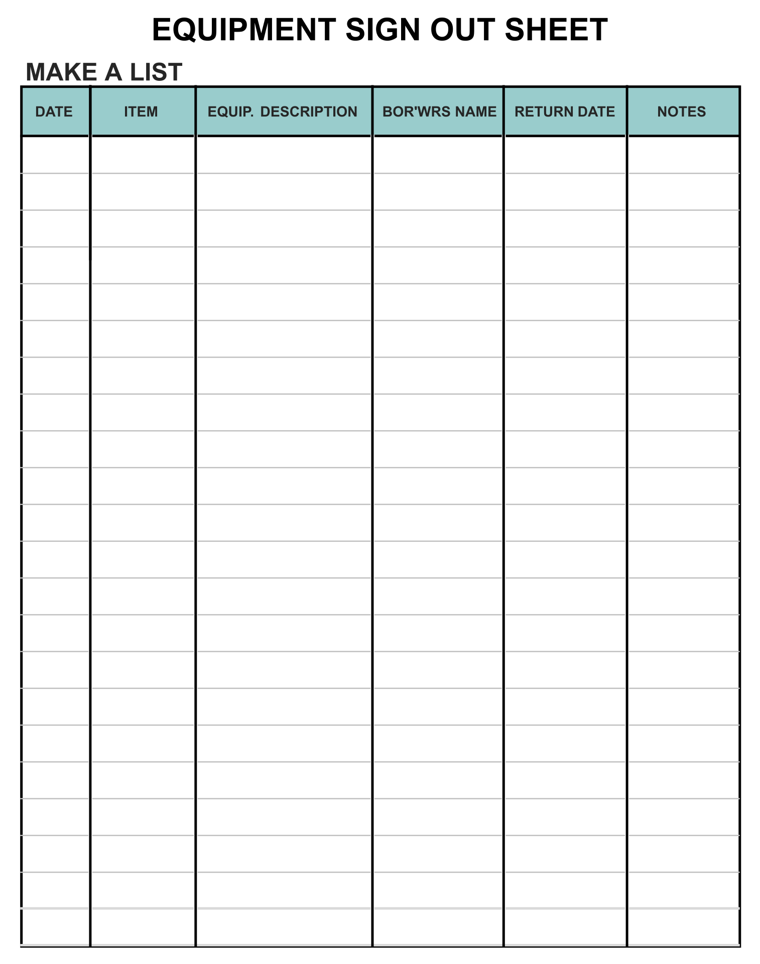 Printable Equipment Sign Out Sheet Template