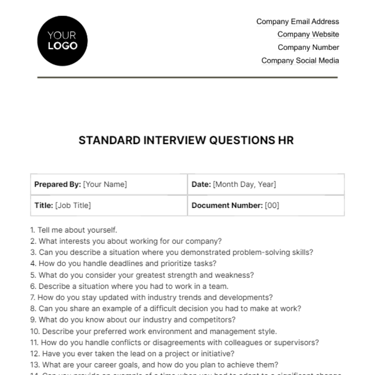 Standard Interview Questions HR Template In PDF Word Google Docs Download Template