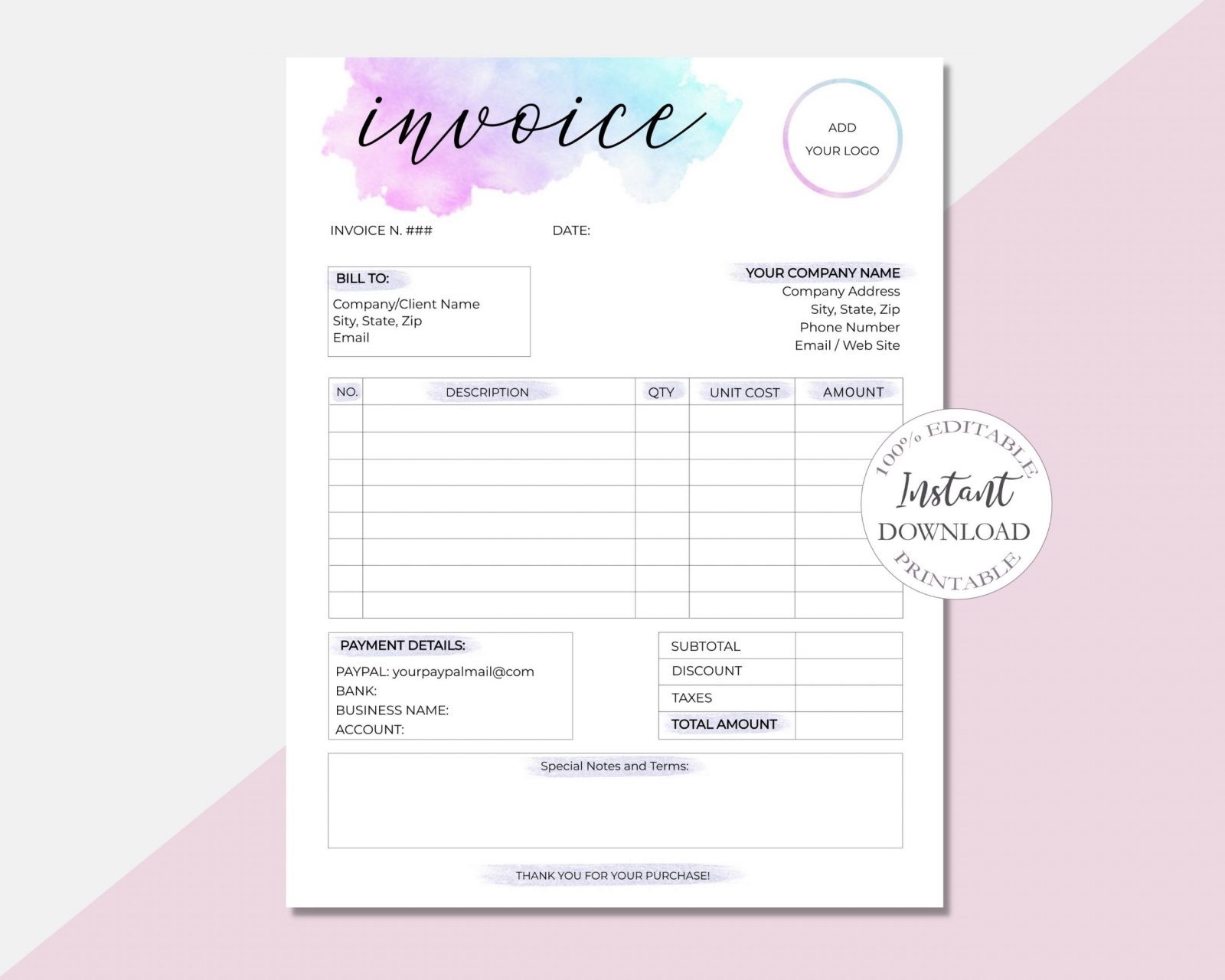 SunRayArt Designs Invoice Template Editable Small Business Printables