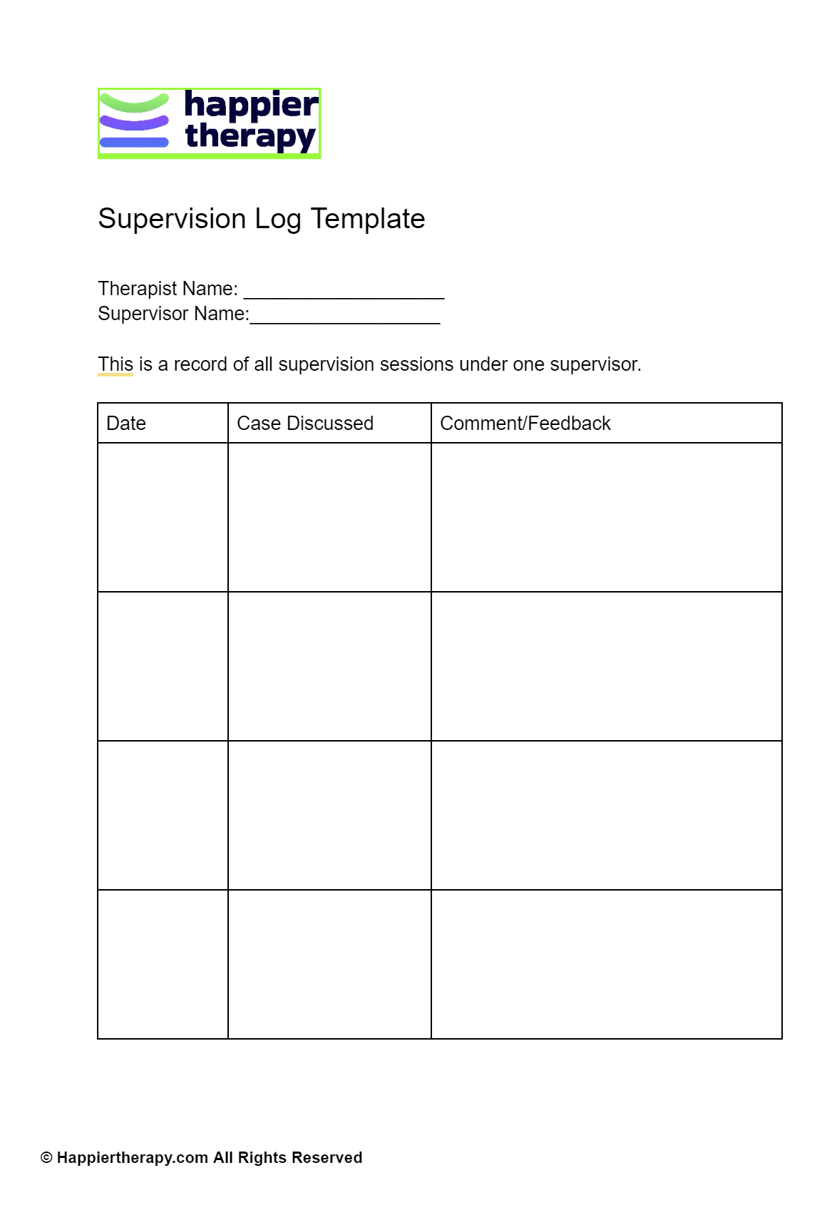 Supervision Log Template HappierTHERAPY