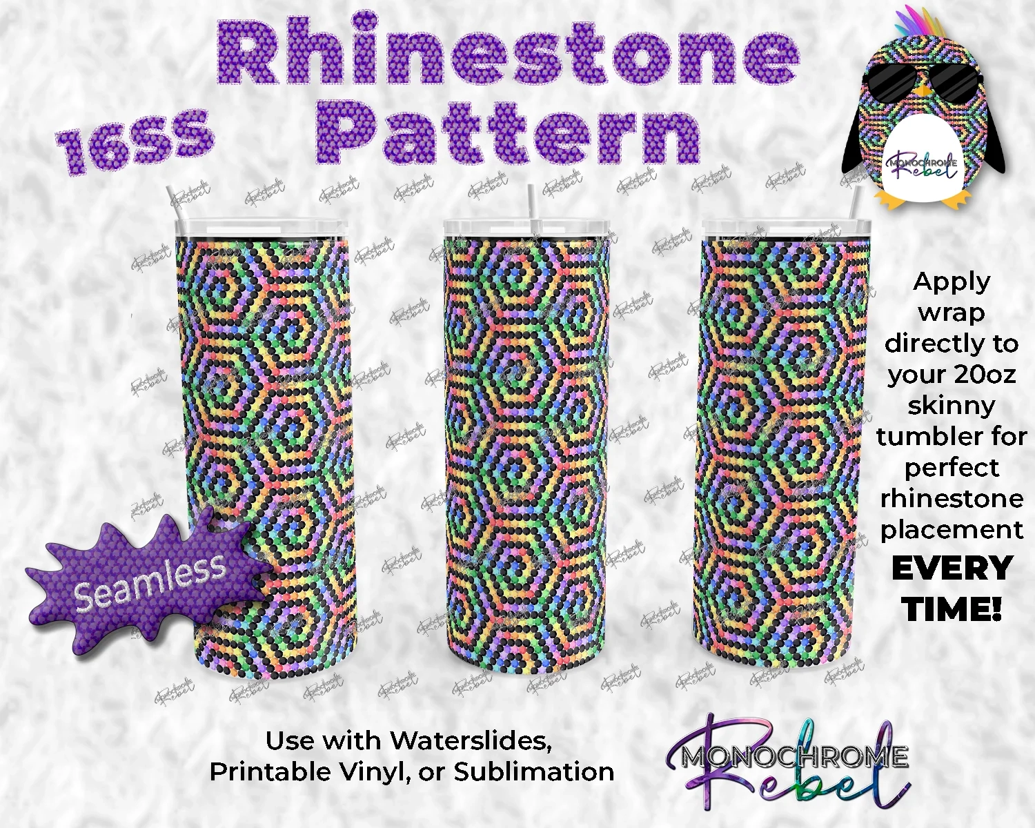 Swirling Rainbows Rhinestone Tumbler Template Monochrome Rebel