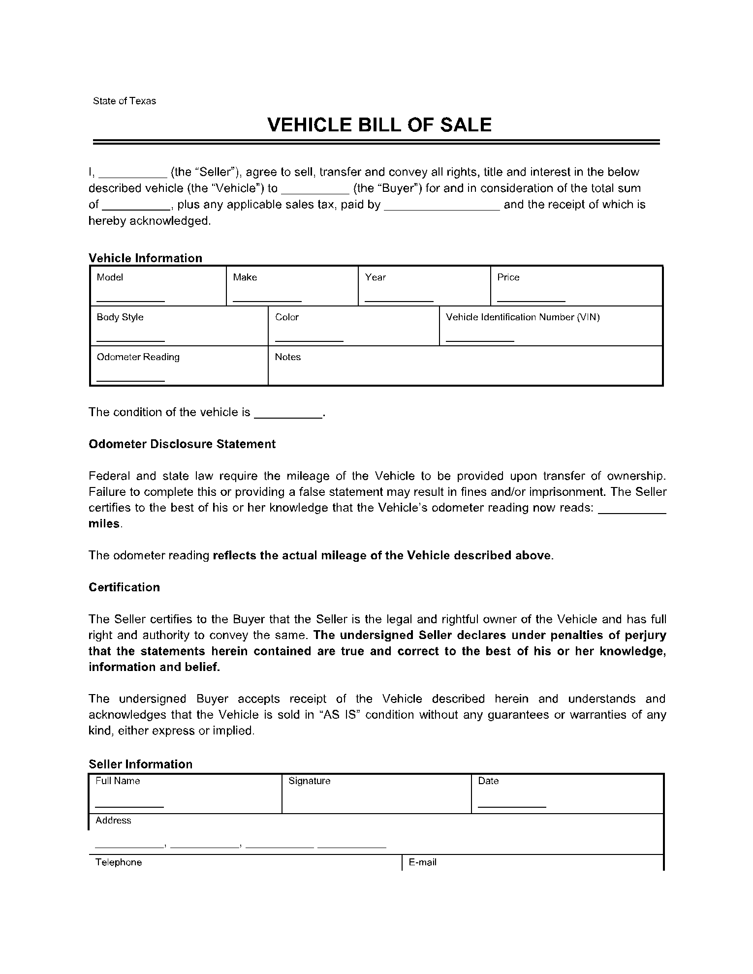 Texas Vehicle Bill Of Sale Template 100 Free CocoSign Worksheets Library