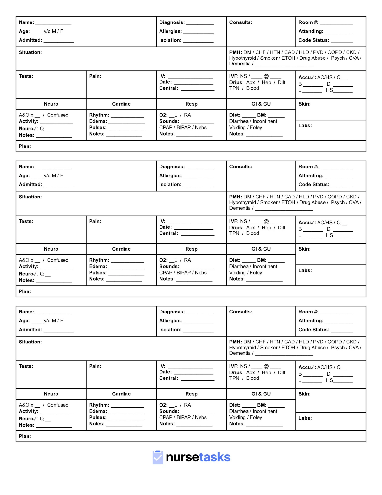 Printable Nursing Report Template