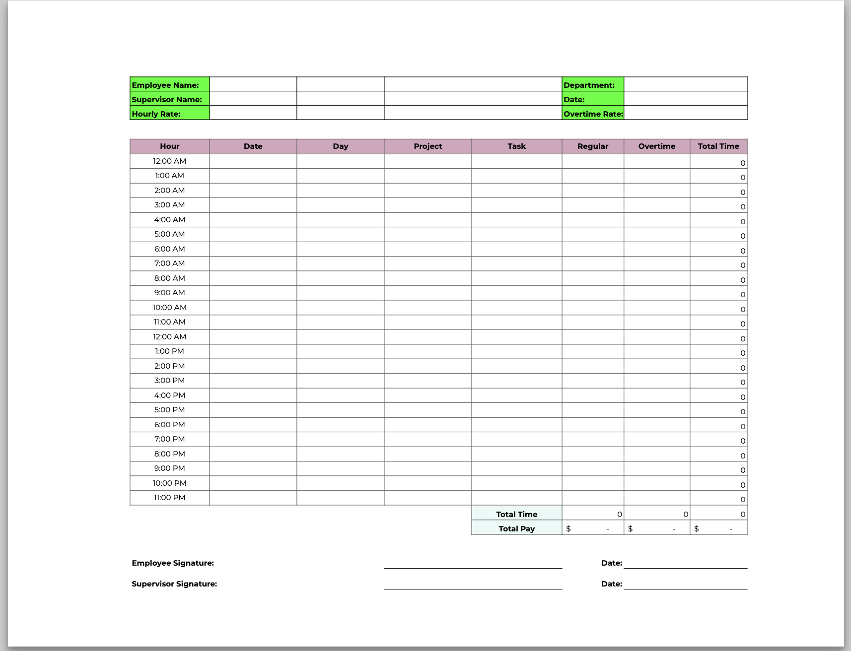 Printable Time Sheet Template