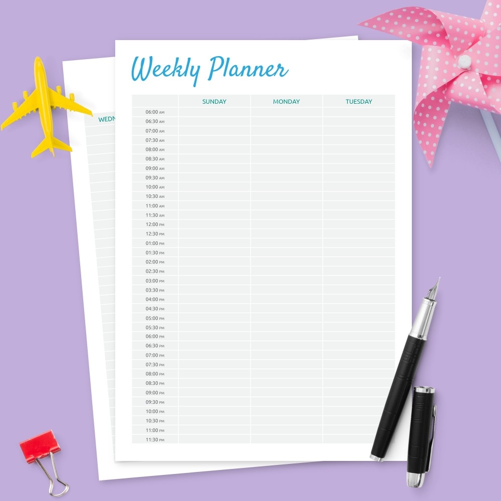 Vertical Weekly Hourly Planner Template Printable PDF