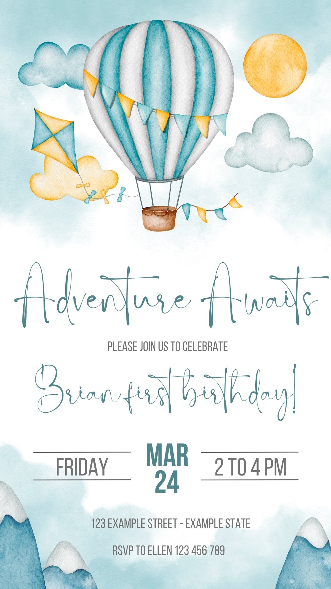 Watercolor Hot Air Balloon Invitation Canva Template
