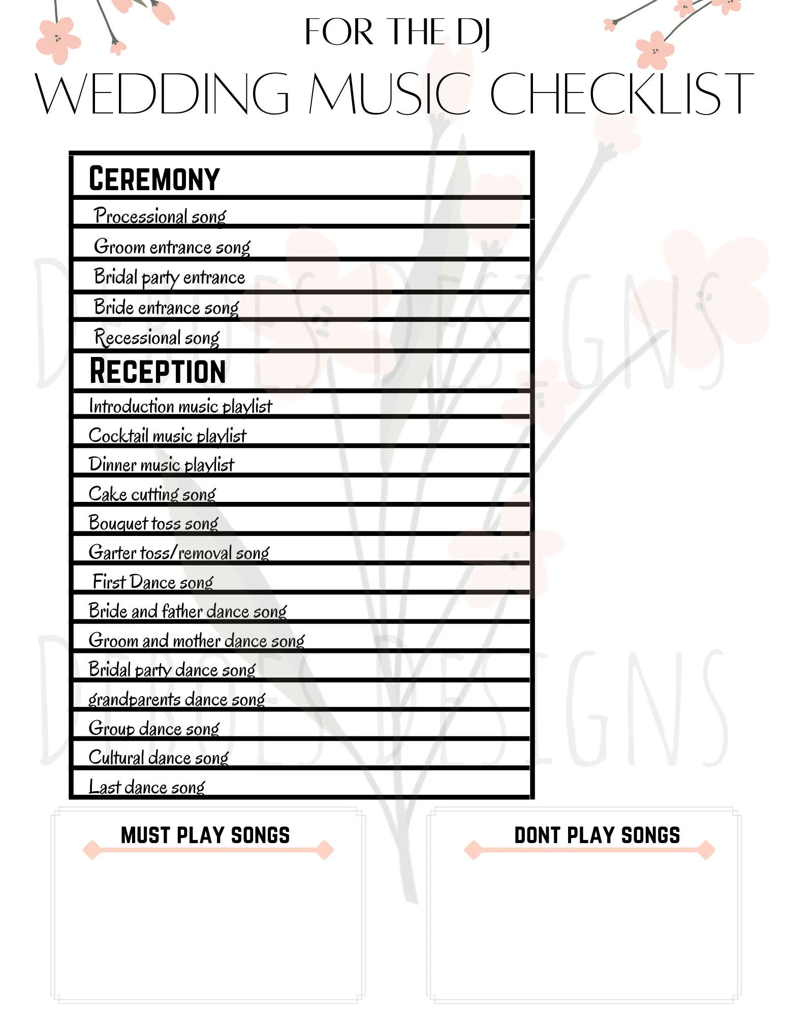 Wedding Music Checklist Template Wedding Planning Wedding Organization Wedding Printable Digital Download Flowers Floral Elegant Etsy UK