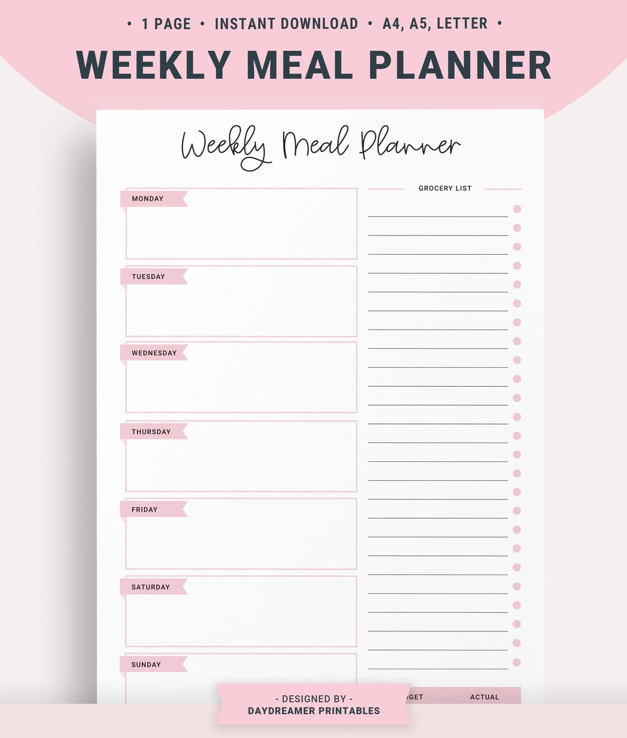 Weekly Meal Plan Printable Meal Planner Template Grocery List Food Tracker Menu Planner Budget Menu Plan Etsy UK