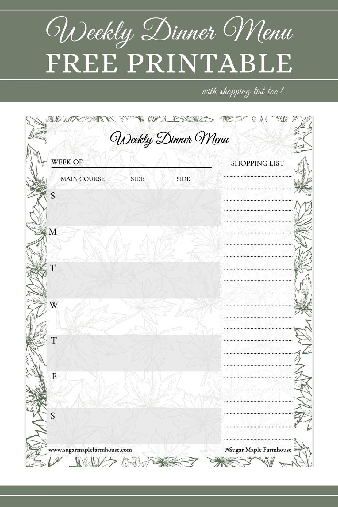Weekly Meal Planner Printable Sugar Maple Farmhouse