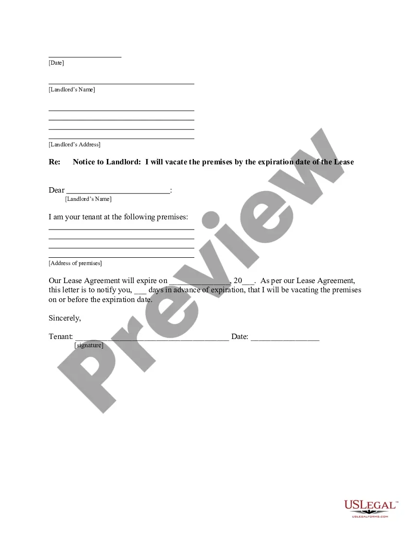 West Virginia Letter From Tenant To Landlord For 30 Day Notice To Landlord That Tenant Will Vacate Premises On Or Prior To Expiration Of Lease US Legal Forms